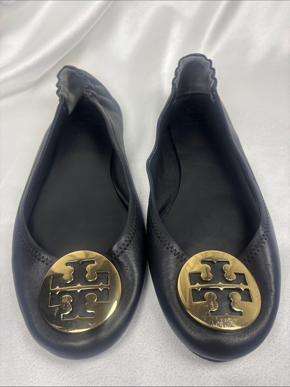 Tory Burch Black Leather Flats with Gold Logo Medallion